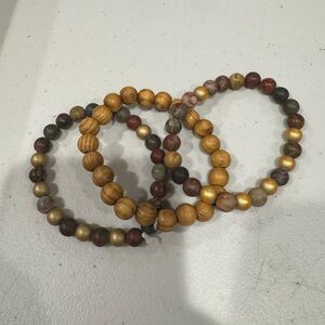 Unisex Mixed lot of 3 natural Mookaite and wooden beaded stretch bracelets